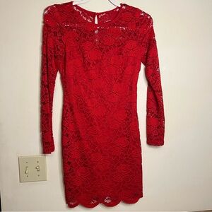 IZ Byer red lace dress see through long sleeves‎ crew neck women's small